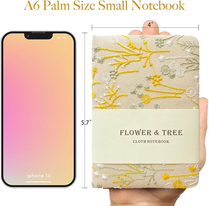 Embroidered Pocket Notebook for Women, A6 Mini Cloth Journal, Hardcover, 264 Pages, 4x6 Small Lined Notebook & Sketchbook, Beautiful Diary, Little Notepad, Apricot Yellow.