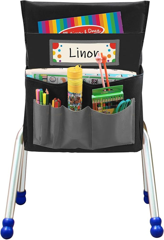 Black Chair Back Pocket School Seat Chair Storage Pocket Organizer with Label Slot Multiple Pockets for School Home Classroom Preschool Daycare