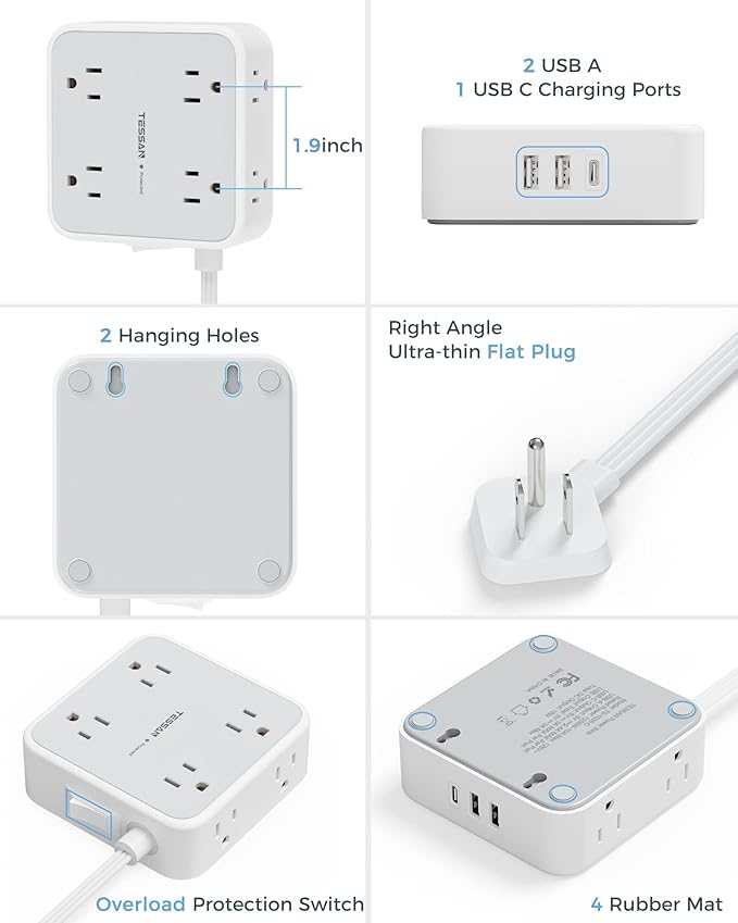 Surge Protector Power Strip 15 Ft Cord, 8 Widely Spaced Outlets, 3 USB Charger(1 USB C Port), Ultra Thin Flat Plug Extension Cord 15 Feet, 900J Surge Protection for Home, Office, Dorm Room Essentials