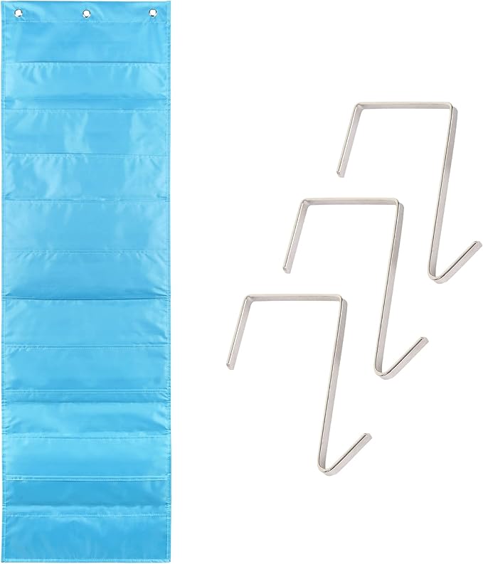 Hippo Creation Storage Pocket Chart for Classroom, 10 Pocket Storage Organizer with 3 Over-Door Hangers, Hanging Wall Organizer for File Folders, School Mailbox, Home Office Papers - Clear Blue