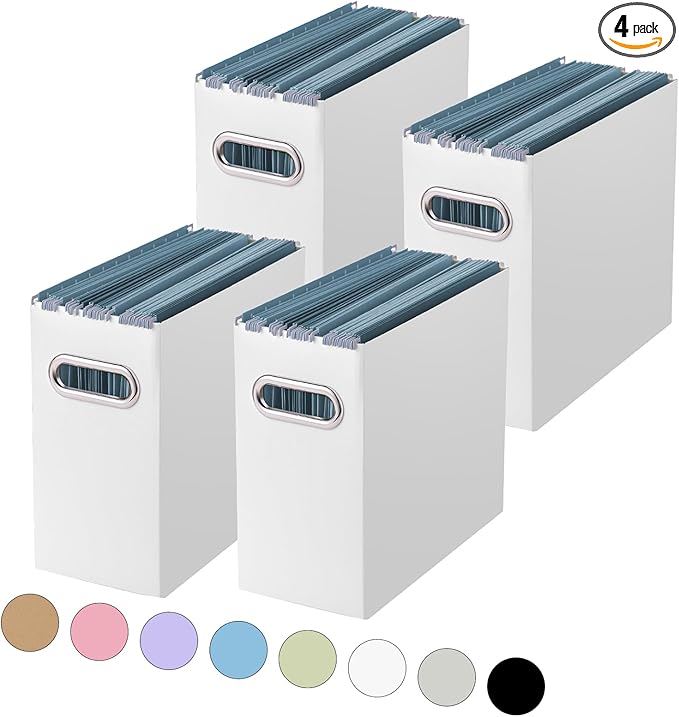 Oterri File Organizer, 4 Packs Small Storage Box, Cardboard File Folder Organizer, Collapsible File Box, Hanging File Organizer for Letter Size, Portable File Box with Handle, Only Box（White）
