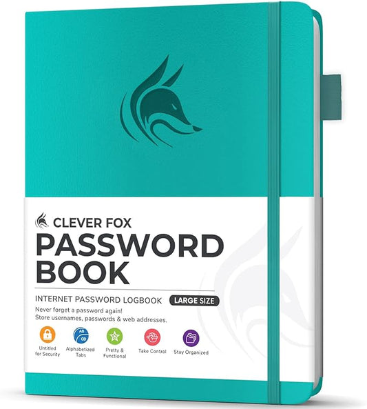 Clever Fox Password Book with Alphabetical tabs. Internet Address Organizer Logbook. Large Password Keeper for Website Logins (Turquoise)