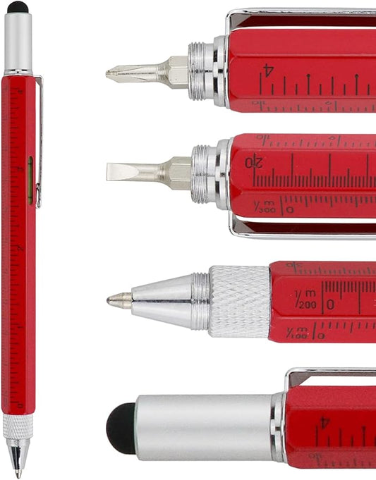 HeTaoCat Gifts Multi Tech Tool Pen 6 in 1 Stylus Pen - Screwdriver Pen with Ruler, Levelgauge, Ballpoint Pen Black ink (Red)