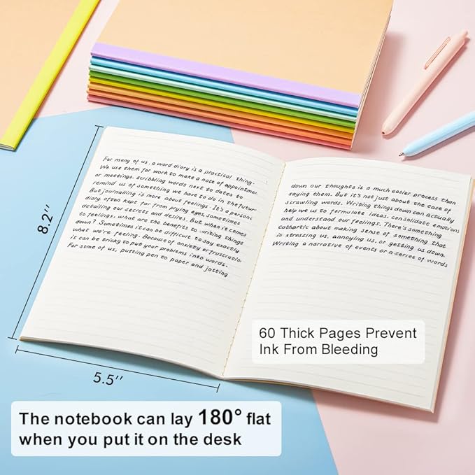 feela 16 Pack Composition Notebook Bulk, Kraft Cover Lined Blank College Ruled Travel Journals with Pastel Color Spine For Women Students Office, 60 Pages, 8.3”x 5.5”, A5, 8 Pastel Colors