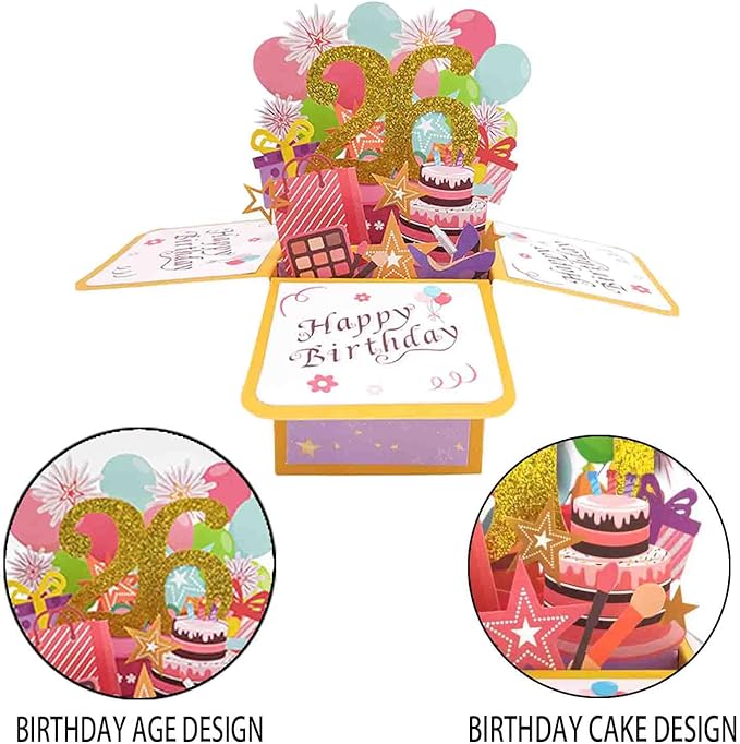 Asmallgf Happy 26th Birthday Pop Up Card for Women Men, Sweet 26 Bday 3D Greeting Card for Him Her, Great 26 Years Old Birthday Gift Ideas for Husband Wife