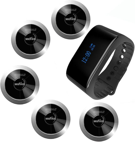 SINGCALL Wireless Calling System, Nurse Call System, 360 Degree Waterproof Pager Watch Receiver, No Screw Pager, Pack of 5 Pagers and 1 Receiver