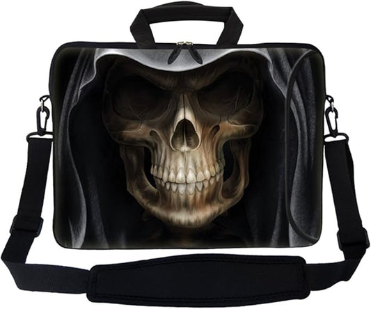 Meffort Inc 17 Inch Neoprene Laptop Bag with Extra Side Pocket, Soft Carrying Handle & Removable Shoulder Strap Fit 16" to 17.3" Size - Skull Face