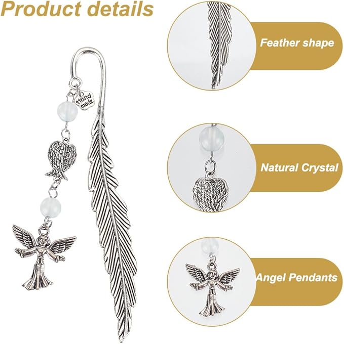 12pcs Feather Metal Bookmarks Crystal Bookmarks Vintage Gemstone Beading Bookmarks Alloy Angel Book Markers for Office School Reading Book Lovers Teacher's Day Christmas Birthday Gifts