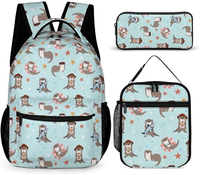 3PCS 17" Otter Backpack, Shoulders Backpack with Insulated Lunch Bag Durable Otter Laptop Bag Daypack with Multiple Pockets (Otter)