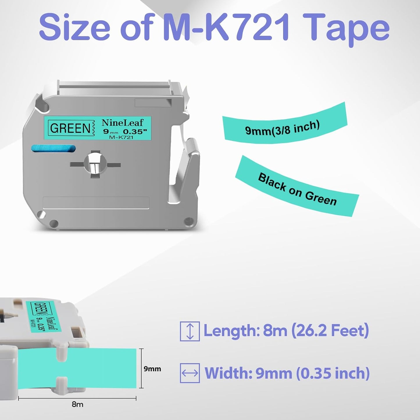 NineLeaf 4 Pack Compatible for Brother P-Touch M Label Tape MK721 M-K721 M721 Black on Green 3/8" (9mm) x 26.2ft (8m) Labeling Refill Cartridge Work in PT-45M PT-65 PT-70 PT-80 PT-M95 Label Maker