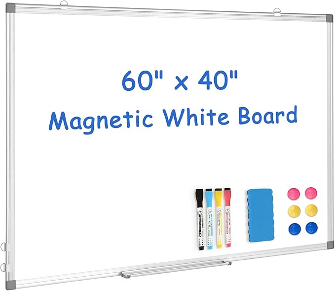 WALGLASS Large White Board, 60" x 40" Double-Sided Dry Erase Board Magnetic Whiteboard for Wall, Hanging Mounted Whiteboard Silver Aluminium Frame for Home, School, Office