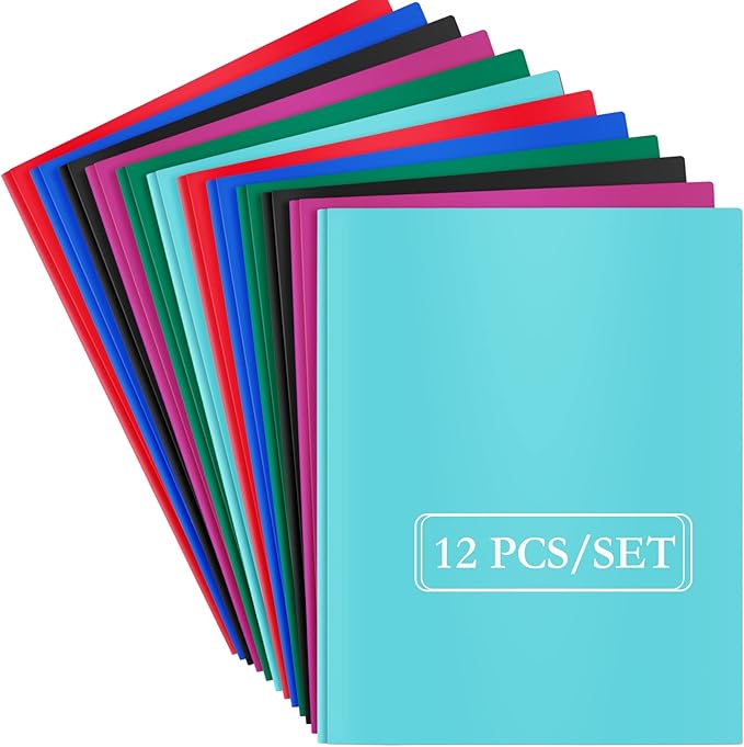 ViVin Sturdy Plastic Folders with Pockets, Two Pockets Folder with 3 Prongs, fits 9 * 12 Letter Size Paper, for School Home Office (Assorted Color)