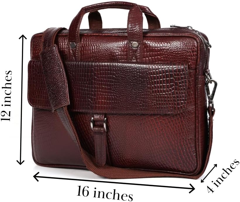 Crocodile Embossed leather bag for men, 5 Zipper Pockets with Spacious Compartments.,12 x 16 x 4 inches.