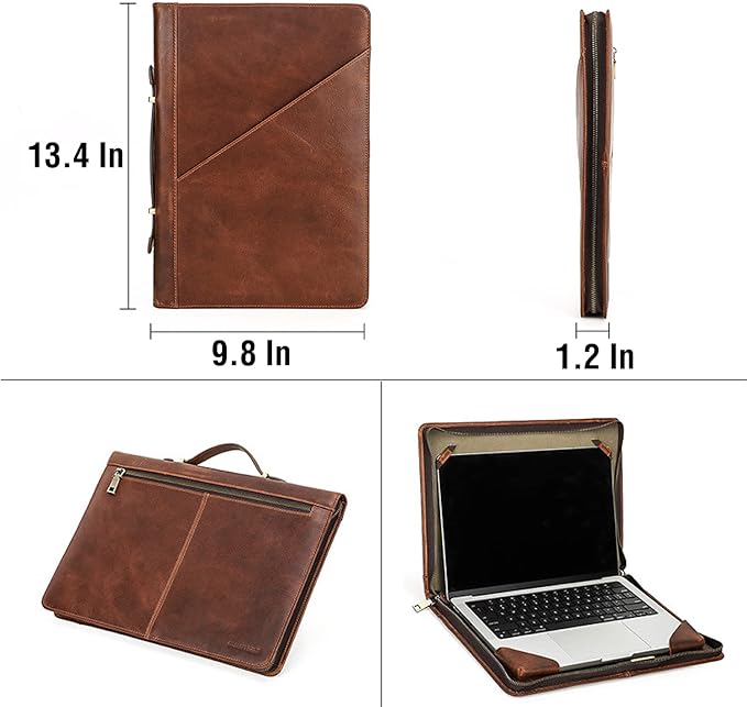 Top Grain Leather 13.3" Slim Laptop Zipper Folio Case Bag, Vintage Design & 2 Pockets, Handmade, Compatible with MacBook Pro 13.3" MacBook Air M1/M2 ZENBOOK 13.3" & other PC, Brown 13.3 Inch