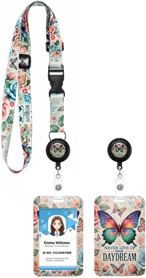 Inspirational Butterfly Lanyard with ID Badge Holder and Retractable Badge Reel, Adjustable Badge Lanyard for Teachers, Nurses, Students, and Office Staff