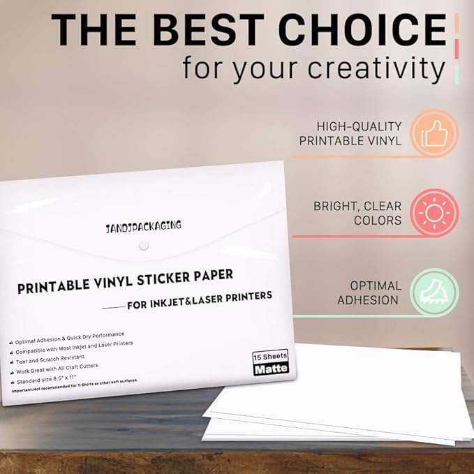 JANDJPACKAGING Printable Vinyl Sticker Paper - Waterproof Printable Vinyl for Laser & Inkjet Printer 15 Self-Adhesive Sheets - Matte White - Standard Letter Size 8.5"x11"