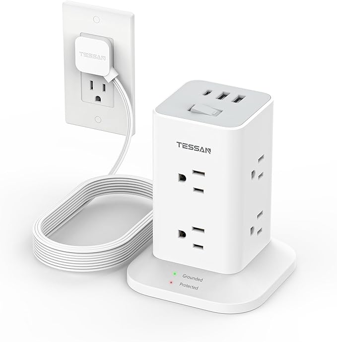 Surge Protector Power Strip Tower 10 FT, TESSAN Flat Plug Extension Cord with 8 AC Outlets 3 USB Ports (1 USB C), 1700J Protection Desk Charging Station for Home, Office Supplies, Dorm Room Essentials