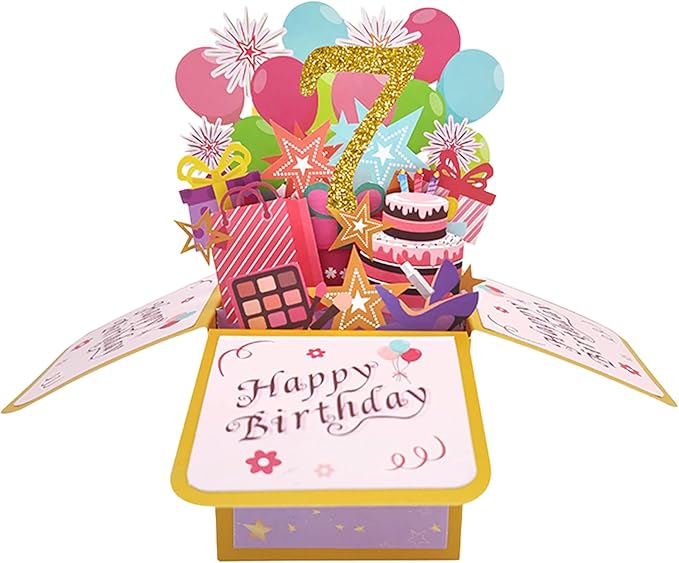 Asmallgf Happy 7th Birthday Pop Up Card for Daughter Niece, Funny 7 Years Old Birthday Gifts for Girl Boy, Sweet 7 Birthday Gift Ideas for Him Her