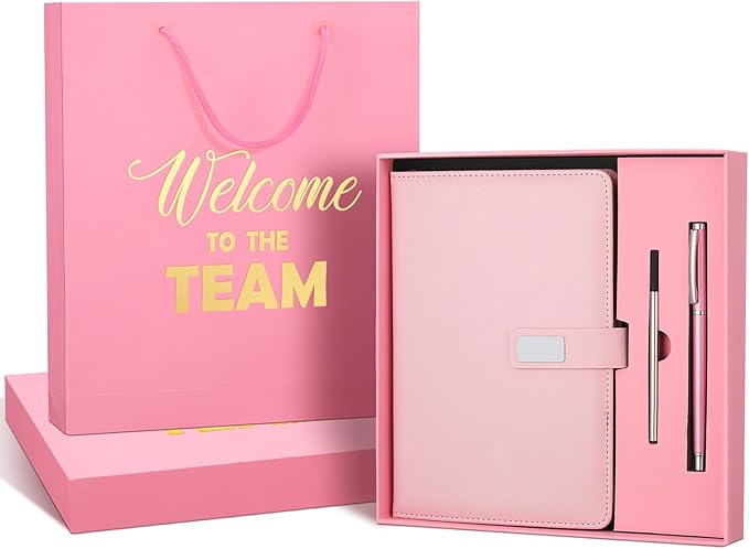 SaieGlossy New Employee Welcome to The Team Gift Sets Notebook and Pen Welcome to The Team Box Employee Appreciation Gift Sets for New Office Worker(Pink)