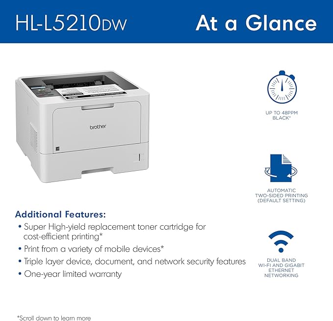 Brother HL-L5210DW Business Monochrome Laser Printer with Duplex Printing, Versatile PaperHandling, Wireless and Gigabit Ethernet Networking, and Mobile Printing, Works with Alexa