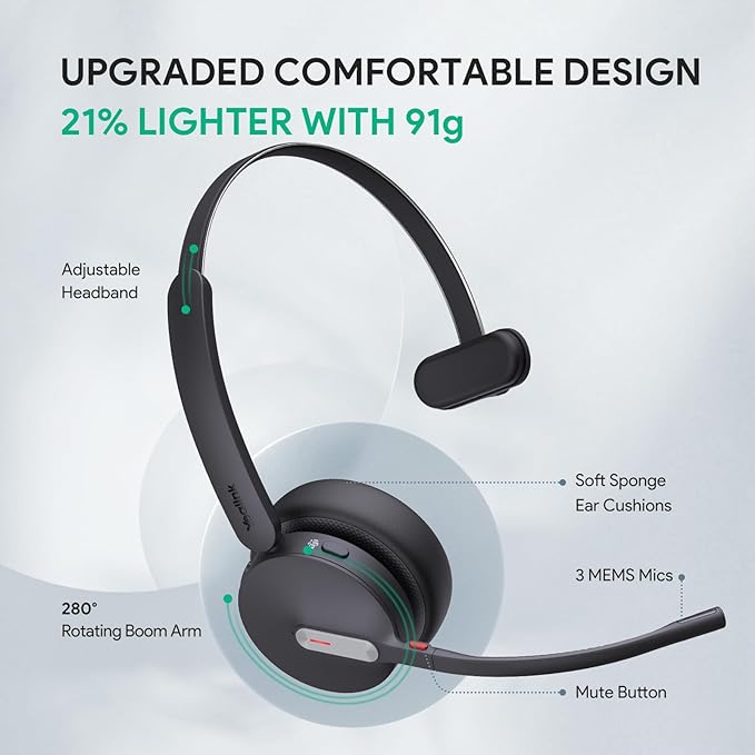 Yealink BH70 UC (NO Dongle) Wireless Bluetooth Headset with Microphone for Work, 35h Talking Battery Life, 3-Mic Noise Cancellation Headsets for Computer, 91g Lightweight Headphone for Open Office