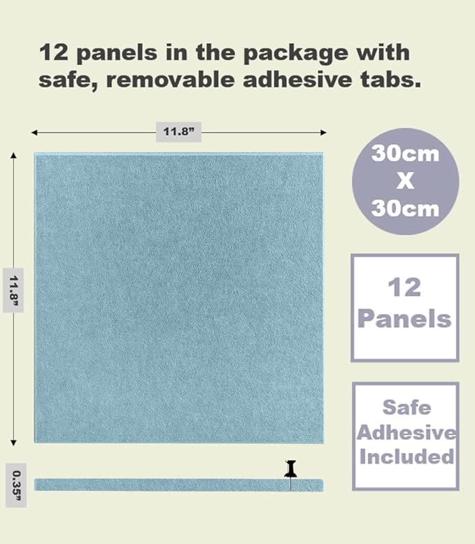 Cork Board 48 x 36 Alternative – 11.8x11.8x0.35 Inches 12 Pack Felt Wall Tiles with Safe Removable Adhesive, Large Cork Board for Office Walls Pin Board Cork Tiles for Classroom - Baby Blue