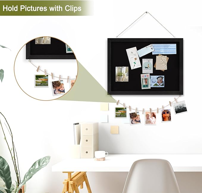 Double-Sided Black Cork Board with Linen, 30" x 20" Hanging Wood Framed Large Bulletin Board, Picture Display Vision Board Kit Corkboards for Wall Room School Office Decor, 20 Pushpins