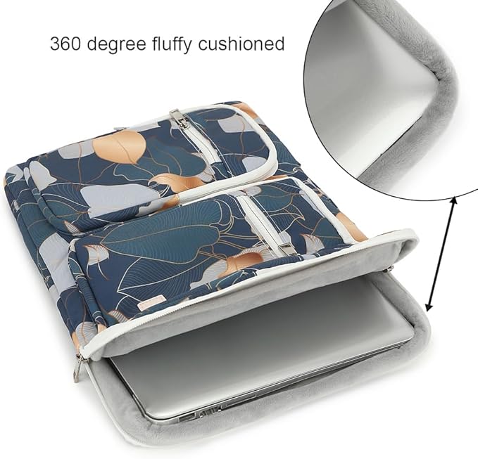canvaslife 360° Protective Laptop Sleeve Case Bag with 3 Pockets for 14 inch Dell HP Lenovo Laptop and MacBook Pro 14 inch,Surface Laptop 14.4 inch (Blue leaf)