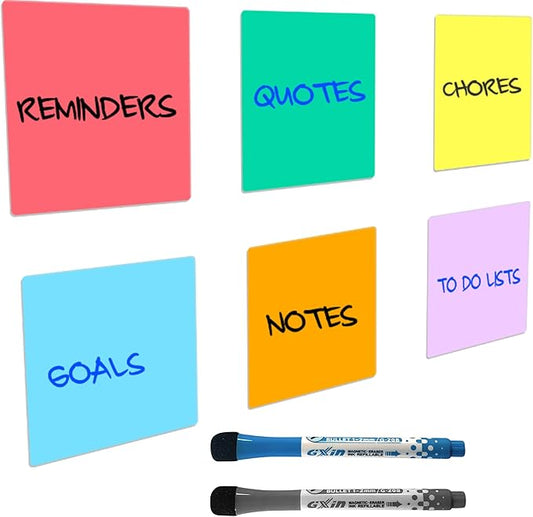 Reusable Dry Erase Sticky Notes - 6 Pack of 4 x4 Multicolor Adhesive Notes - Small Whiteboard Stickers for Labels, Lists, Reminders, and Decals