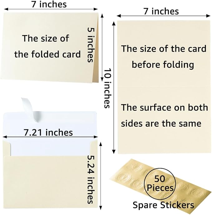 Wishop 50 Pack Shiny Self-Adhesive Envelopes with Shiny Fold Cards for Wedding Invitations, Greeting Cards, Baby Shower, Letter Mailing (Cream Color, 5x7)