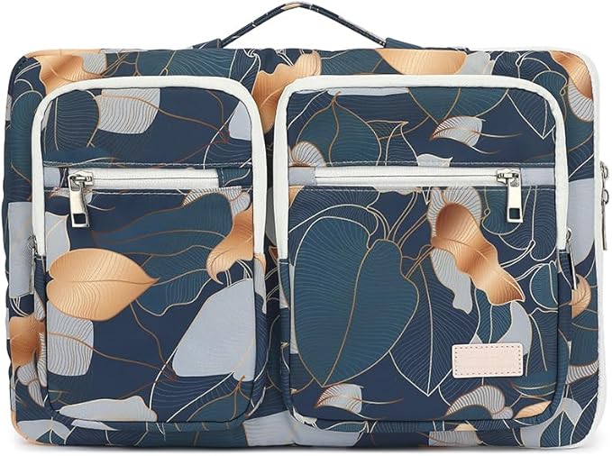 canvaslife 360° Protective Laptop Sleeve Case Bag with 4 Pockets for MacBook Pro 16 inch and 15 inch-15.6 inch Laptop (Blue leaf)