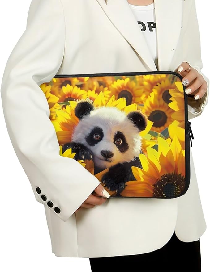 Sunflower Panda Printed Laptop Briefcase for Women Men, Waterproof Laptop Case Bag Laptop Case for 17 Inch, Lightweight Computer Carrying Cover with Zipper for Office Business Traveling