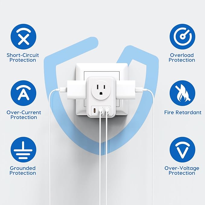 Multi Plug Outlet Extender with USB Ports, Power Strip Non-Surge Protector with 4 Electric Outlets and 3 USB Charger (1 USB C), Multiple Outlets Expander for Cruise Ship, Dorm, Travel Essentials