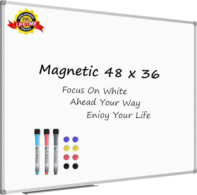 Lockways White Board Dry Erase Board 48 x 36 Inch, Magnetic Whiteboard 4 x 3, Silver Aluminium Frame, Set Including 1 Detachable Aluminum Marker Tray, 3 Dry Erase Markers, 8 Magnets