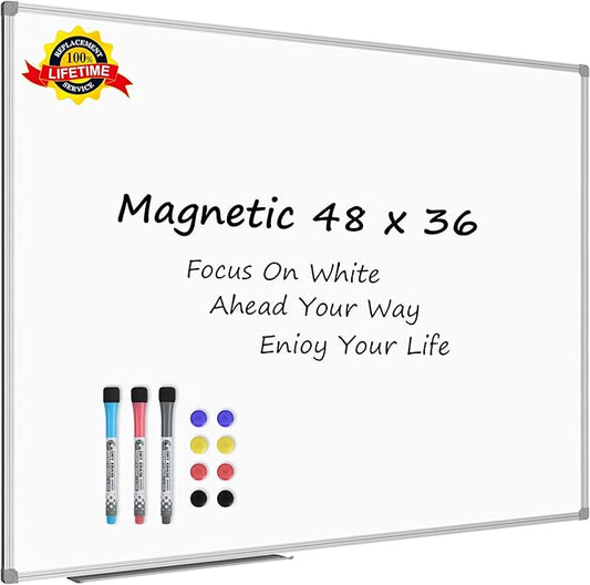 Lockways White Board Dry Erase Board 48 x 36 Inch, Magnetic Whiteboard 4 x 3, Silver Aluminium Frame, Set Including 1 Detachable Aluminum Marker Tray, 3 Dry Erase Markers, 8 Magnets