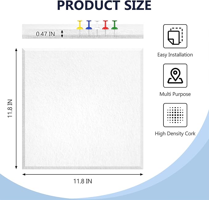 4 Pack Cork Board Tiles 12x12 Inches, 1/2" Thick Felt Cork Squares with 30 Push Pins, Bulletin Board Pin Board, Adhesive Cork Board for for Wall for Home, Office, and Kitchen (White)