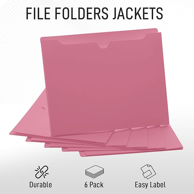 Pink File Jackets, 2 Inch Expansion, Letter Size, Reinforced Straight-Cut Tab, 6 Pack