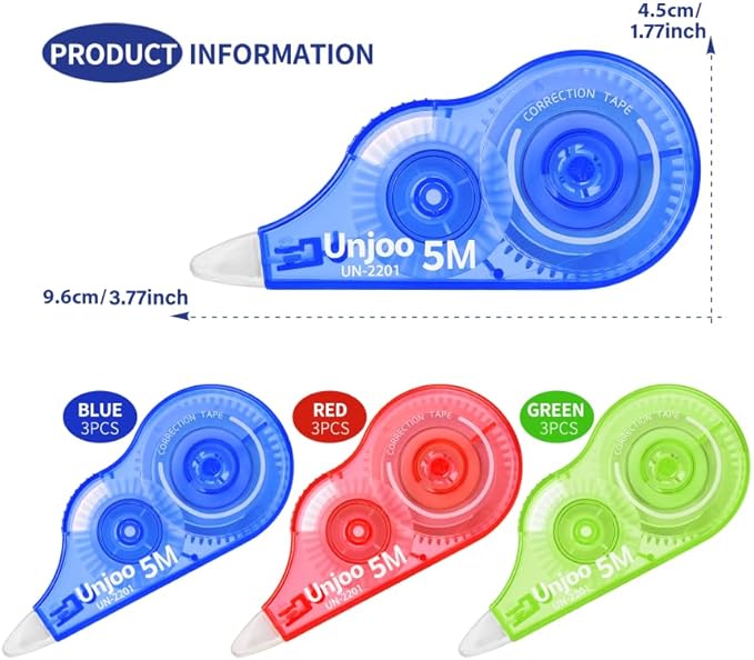 White Correction Tape, Easy To Use Applicator for Instant Corrections Wrong Writing At Any Time, For school, Office (9-pack, 5M/196" x 0.2"in, Red, Green, Blue)