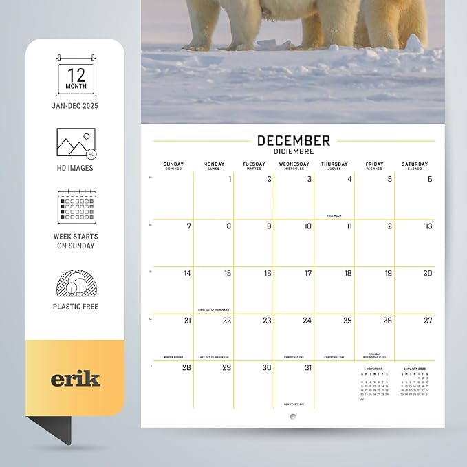 Wildlife Wall Calendar 2025 12" x 12" FSC® Plastic Free - Starts Week On Sunday | Square Wall Calendar | Family Planner Calendar 2025 | Animal Calendar 2025