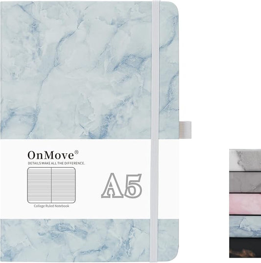 Lined Notebook Journal for Women Men 200 Pages A5 Hardcover Leather with Pen Holder College Ruled Journals for Work Note Taking Travel School (Lined, Sky Blue-B)