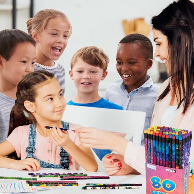 ArtCreativity Wooden Pencils for Kids with Eraser - (80 Count) Fun Assorted Number 2 Pencils, Assorted Designs Fun Pencils School Supplies - Bulk Pencils for Classroom - Great Party Favors