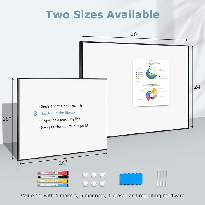 Magnetic Whiteboard, 36"x24" Black Aluminum Frame Dry Erase White Board for Wall, Large Wipe Board with 6 Magnets, 4 Markers & 1 Eraser for Home and Office