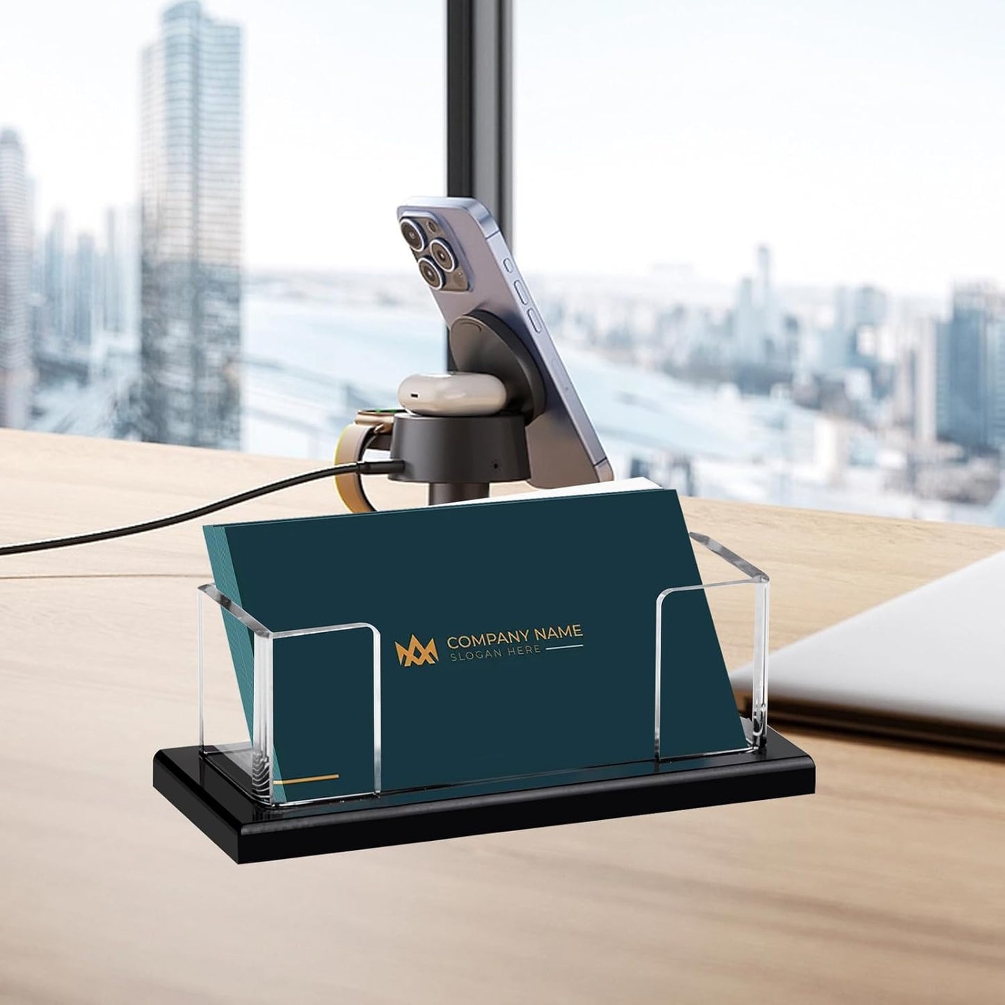 Weiai Acrylic Business Card Holder Stand for Desk, 2 Pieces Modern Black Base Business Card Organizer Display