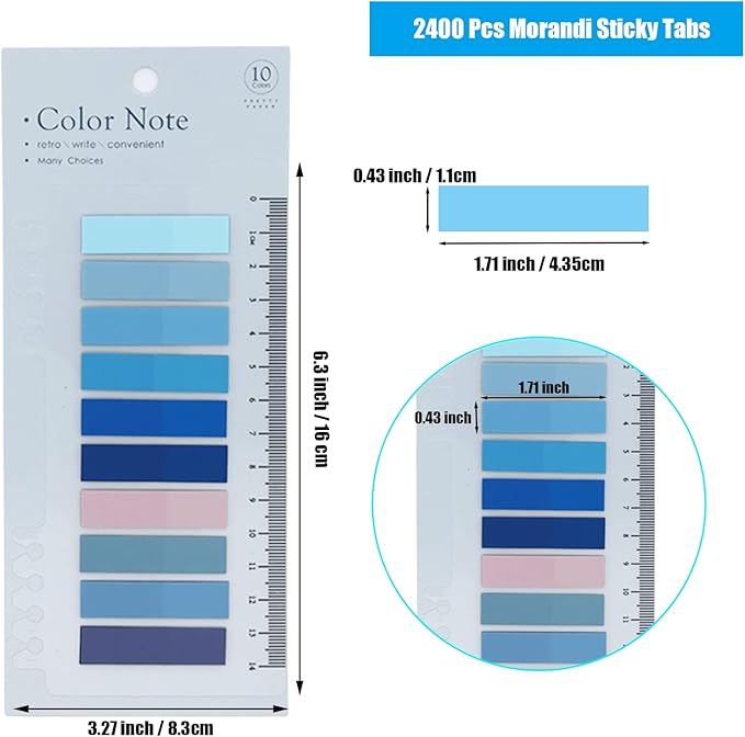 2400 Pcs Morandi Sticky Tabs, 12 Sheets Sticky Index Tabs, Book Tabs, Page Markers, Colorful Book Annotating Tabs, Page Tabs, Sticky Flags, Transparent Sticky Note Tabs, File Index Tabs with Ruler