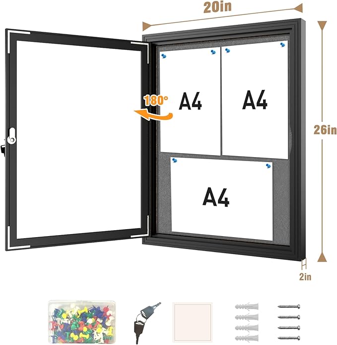 26"x20" Enclosed Bulletin Board, Outdoor Lockable Weather-Resistant Aluminum Cork Noticeboard for School & Office, Black Frame w/Grey Flet