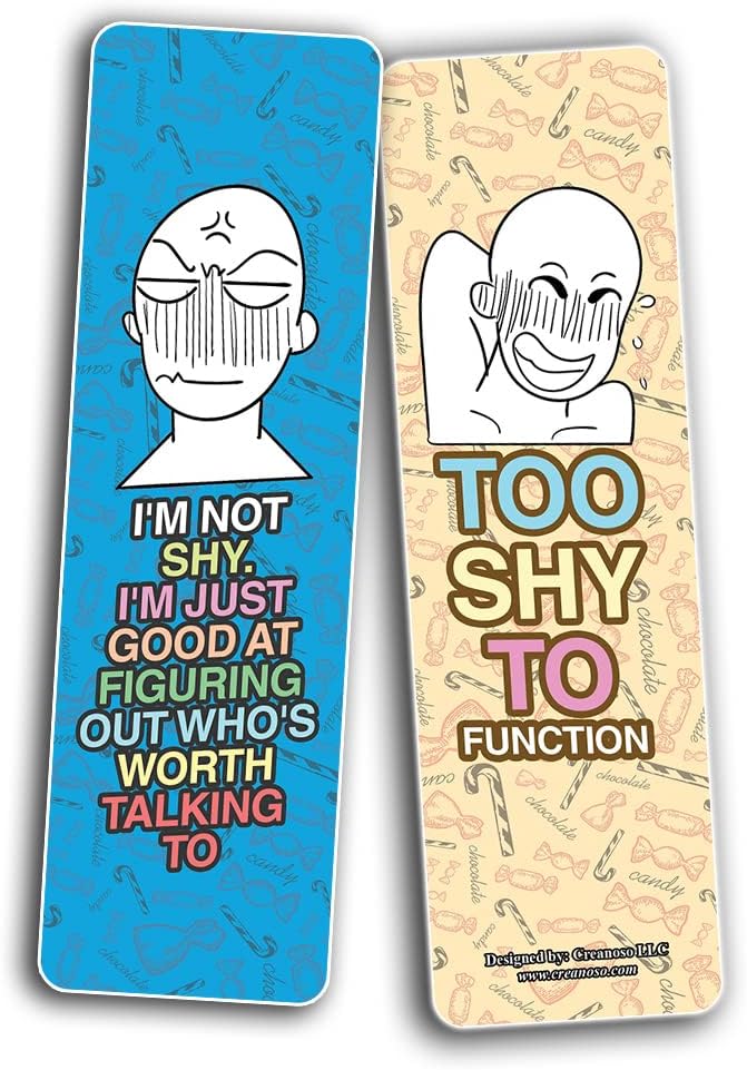 Creanoso Funny Shy Bookmarks (2-Sets X 6 Cards – Daily Inspirational Card Set – Interesting Book Page Clippers – Great Gifts for Adults and Teens
