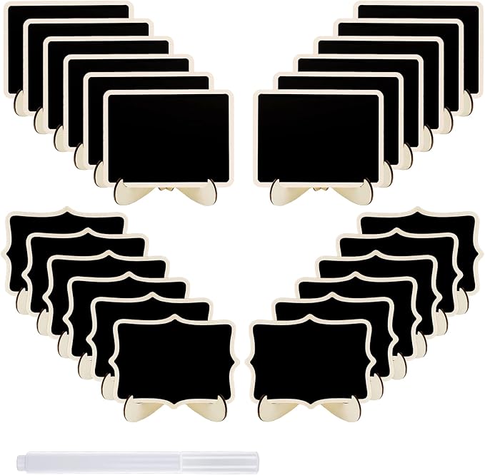 24 Pcs Small Chalkboard Labels with Easel Stand, Mini Chalkboard Signs, Wooden Blackboard for Table Numbers, Food Signs, Wedding Signs, Place Cards and Event Decoration, with 1 Liquid Chalk