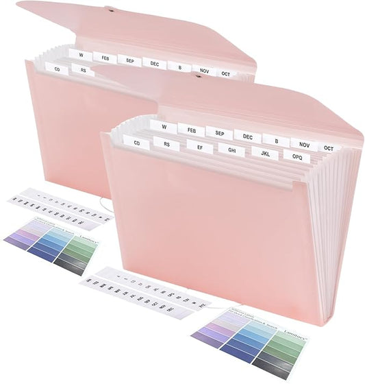 2 PCS Expanding File Folder A4,13 Pockets File Organiser with Colored Tags, Paperwork A4 Plastic Wallet Document Storage Expander for School,Office and Home, Pink