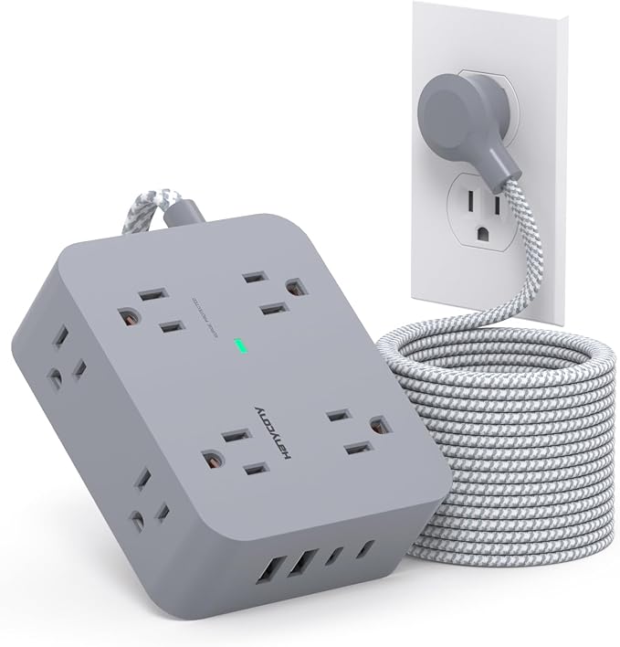 Surge Protector Power Strip 15 Ft Long Cord, 8 Outlets 4 USB Ports(2 USB C), Flat Plug, Desk Charging Station for Home Office College Dorm Room Essentials