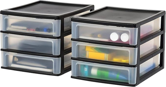 IRIS USA Plastic Stacking Desk Top 3-Drawer Storage Organizer, 2-Pack, for Makeup Vanity Nail Polish Bathroom Stationery Art Craft Supplies Kitchen Office Garage and Small Organization, Medium, Black